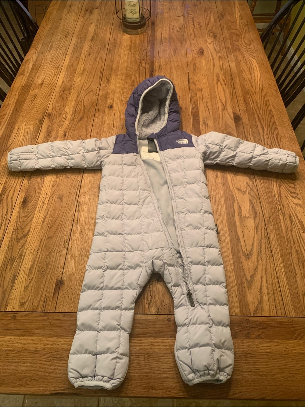 The North Face Kids Light Gray and Navy Hooded Insulated One-Piece